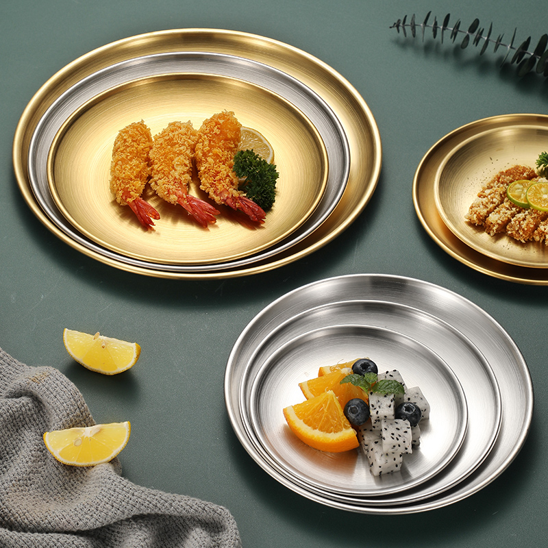 韩式加厚不锈钢圆盘金色咖啡厅托盘水果盘蛋糕盘骨碟菜碟浅盘子 - 图0
