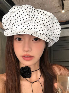 大头褶皱八角帽春夏季白色贝雷帽