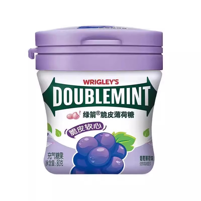 绿箭薄荷糖脆皮软心清新口气零食新葡萄口味休闲零食80g瓶装糖果 - 图3