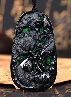 年年有余鱼牌女士墨翠坠男挂件A精雕货天然吊玉石招财男项链
