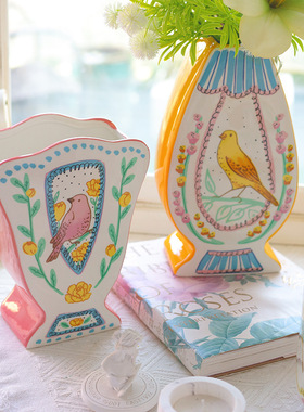 夜莺与玫瑰田园花卉小鸟陶瓷花瓶感家居花器摆件客厅摆件