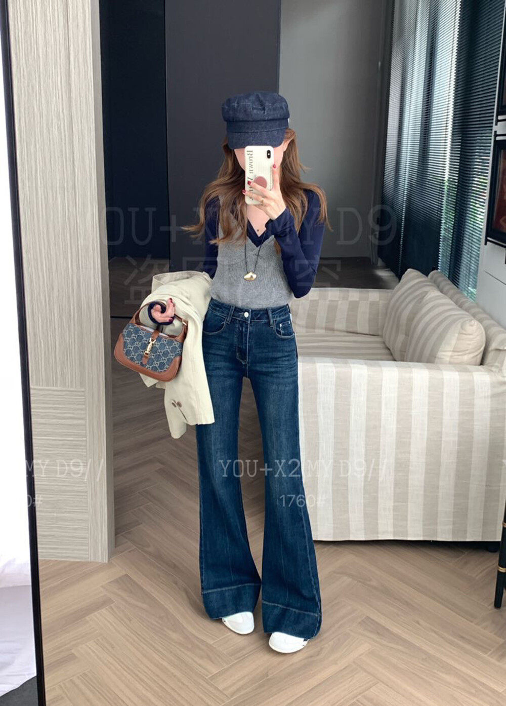 热销秋季新款坑条气质梨型身材遮胯高腰显瘦显瘦直筒微喇牛仔裤女