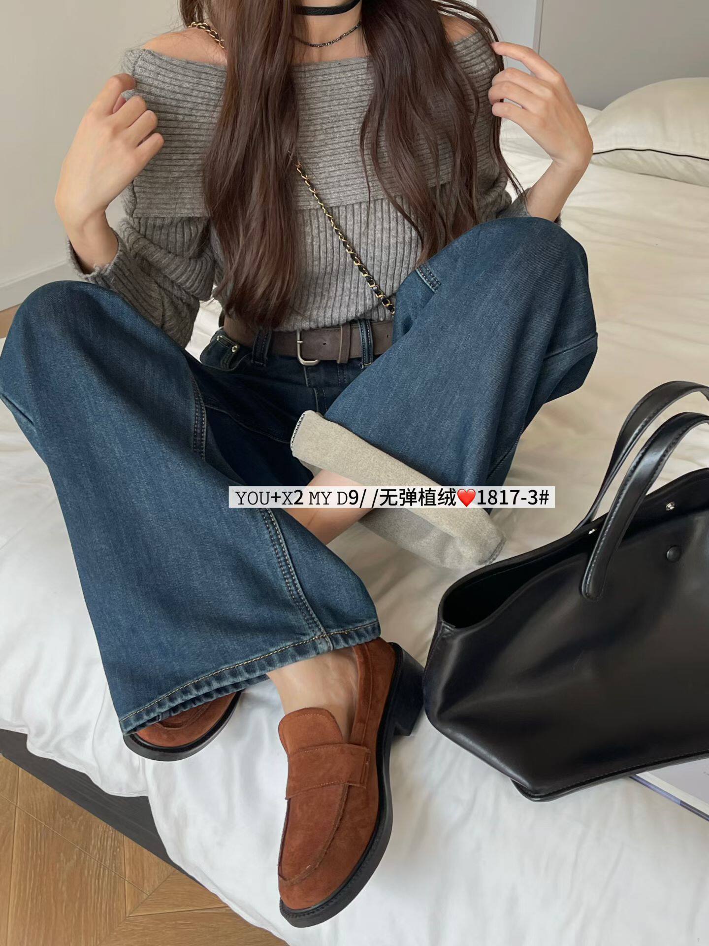 韩系热销高腰直筒牛仔裤女冬季新款植绒宽松显瘦休闲窄版阔腿裤