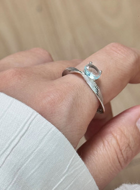 简约小清新蓝色锆石波浪几何条纹戒指女百搭时尚开口莫比乌斯指环