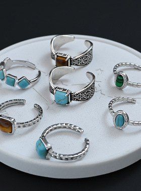 复古民族风小方糖绿松石戒指女个性气质感百搭小众开口指环