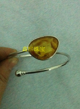 包边琥珀蜜蜡定做纯银手镯