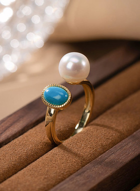 S925纯银天然珍珠绿松石气质女士轻奢古风套装戒指项链耳钉吊坠