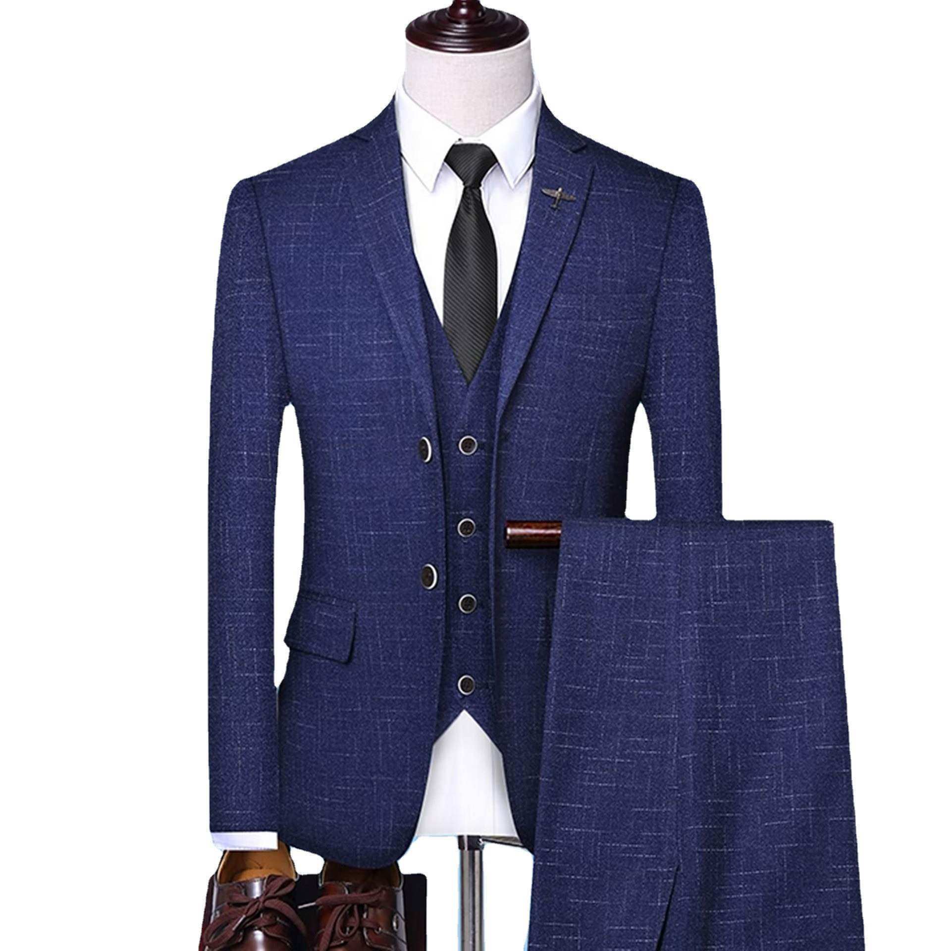 泽优品 男士西装 春秋韩版修身条纹商务正装结婚礼服西服三件套装