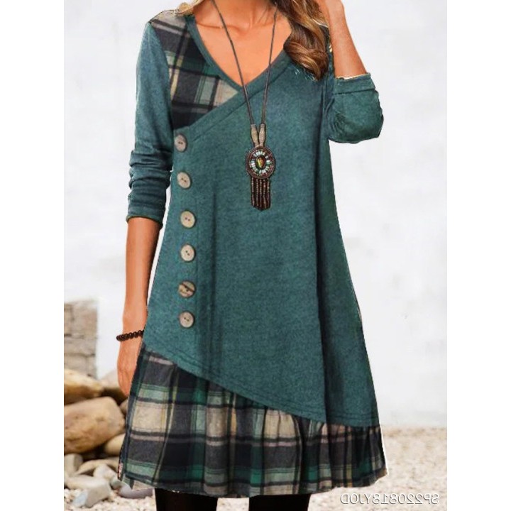 亚马逊速卖通独立站秋新款领拼接装饰扣长袖格子印花连衣裙 - 图1