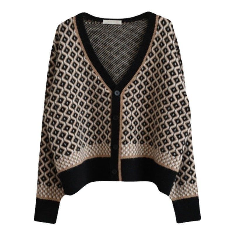 秋冬季韩版复古气质撞色针织开衫领菱格厚款宽松毛衣女外套,淘宝优惠券,粉丝福利购,淘宝优惠卷