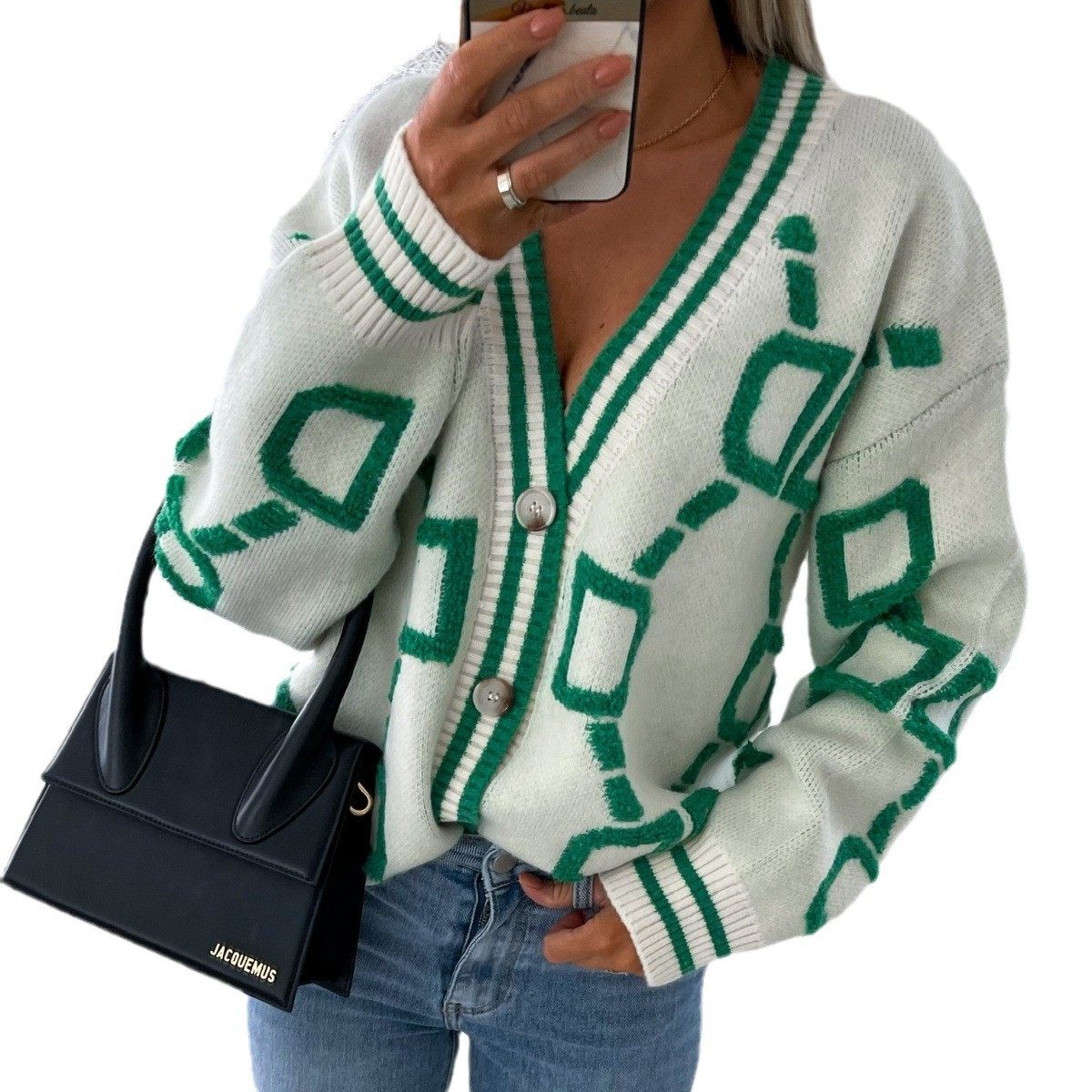 欧美气质毛衣女领单排扣针织开衫秋冬新款宽松毛衣外套上衣,淘宝优惠券,粉丝福利购,淘宝优惠卷