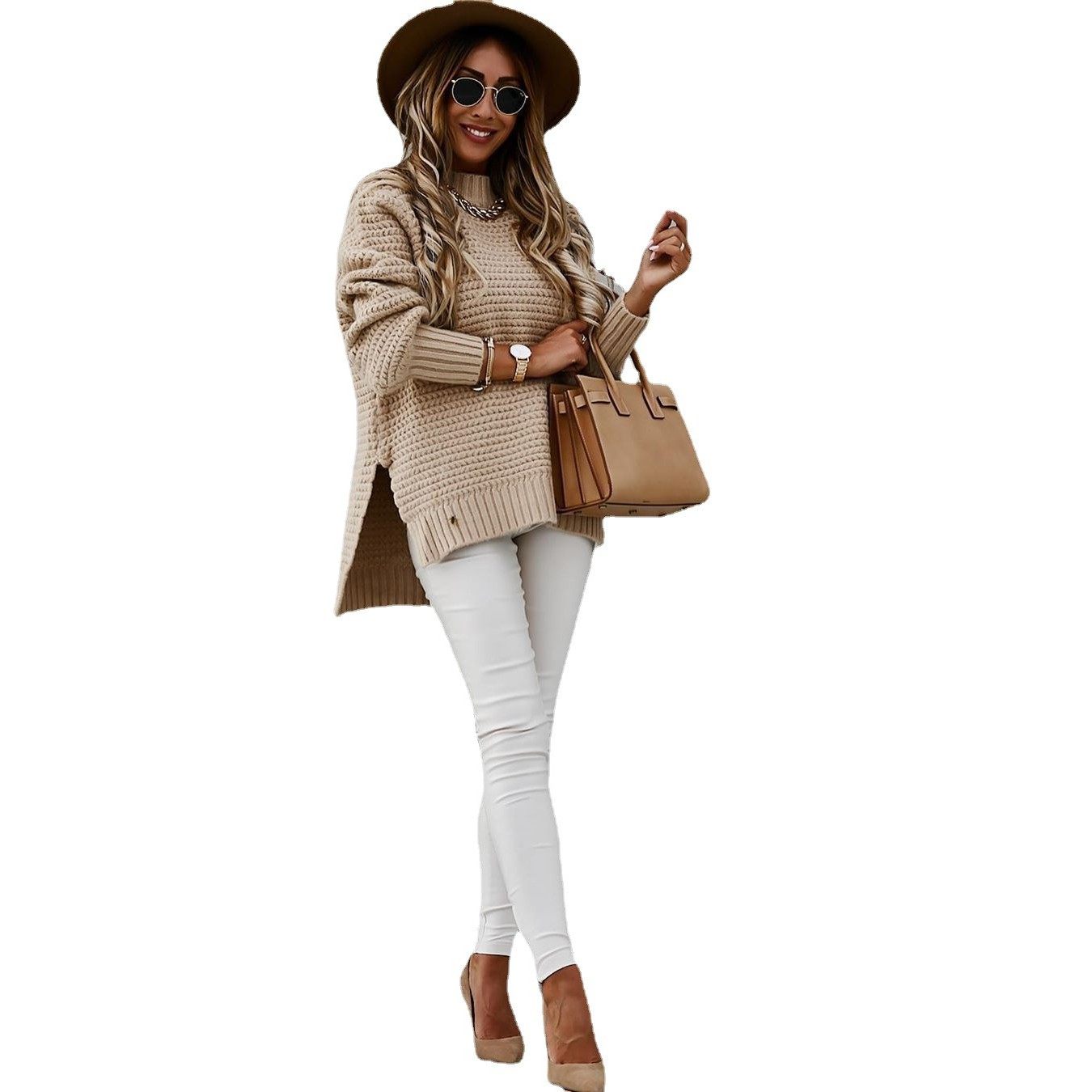 冬季新款欧美女装  半高领纯色束手侧开叉针织毛衣,淘宝优惠券,粉丝福利购,淘宝优惠卷