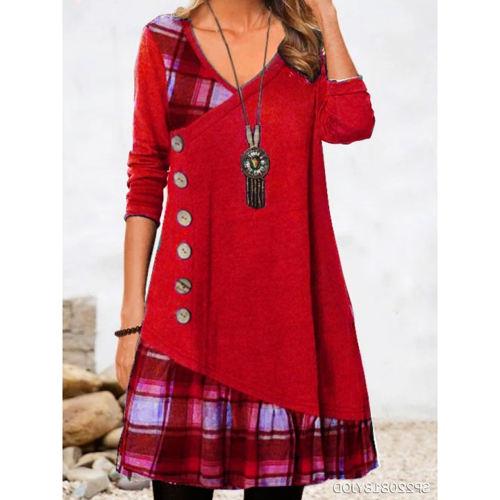 亚马逊速卖通独立站秋新款领拼接装饰扣长袖格子印花连衣裙 - 图2