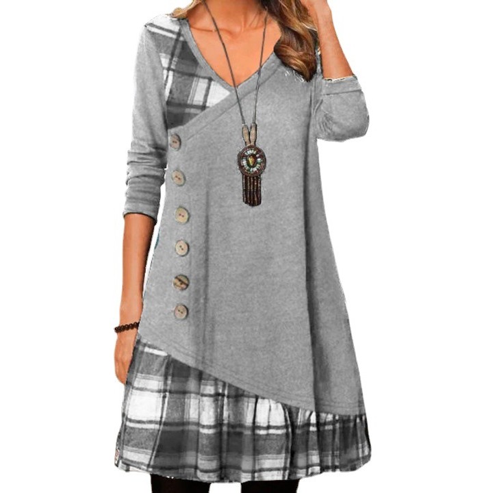 亚马逊速卖通独立站秋新款领拼接装饰扣长袖格子印花连衣裙 - 图3