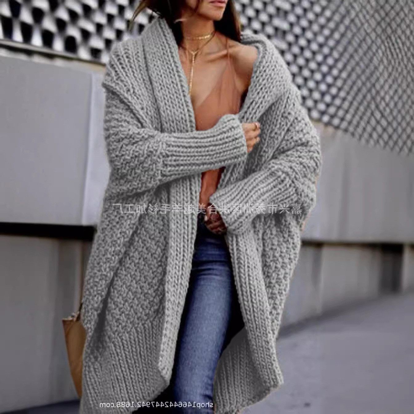秋冬新款跨境女士针织衫纯色蝙蝠袖欧美毛衣长款宽松开衫外套,淘宝优惠券,粉丝福利购,淘宝优惠卷