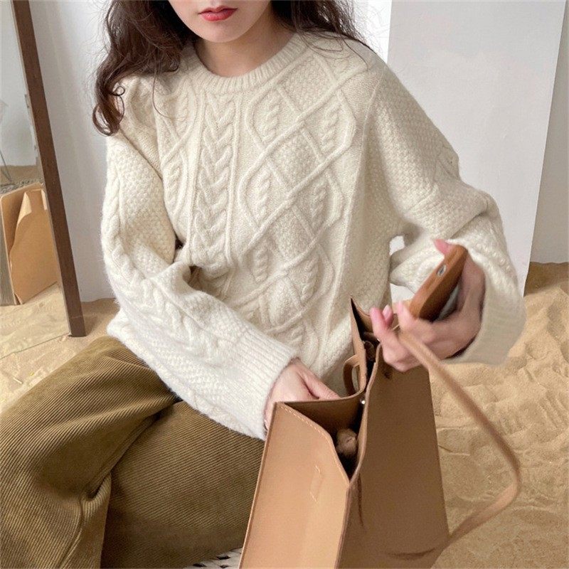 毛衣女秋冬新款日系甜美温柔风圆领麻花宽松显瘦长袖套头针织上衣,淘宝优惠券,粉丝福利购,淘宝优惠卷