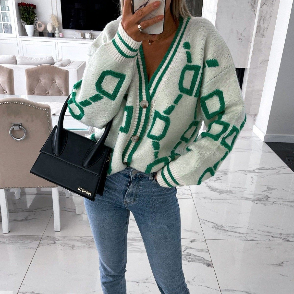 欧美气质毛衣女领单排扣针织开衫秋冬新款宽松毛衣外套上衣,淘宝优惠券,粉丝福利购,淘宝优惠卷