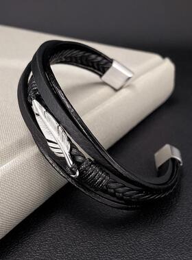 欧美饰品个性羽毛皮手镯男士钛钢街头嘻哈潮流多层编织皮革手链男