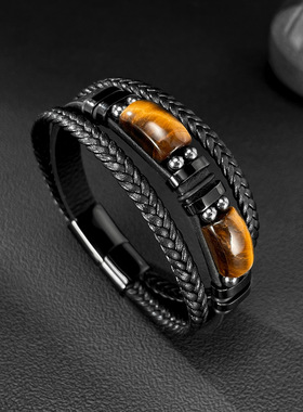 外贸饰品欧美式复古街头皮手镯男钛钢虎眼石拼接多层编织皮革手链