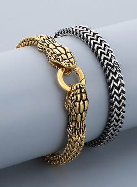 朋克冷淡风精致钛钢手链男复古小众嘻哈生肖蛇暗黑双头蛇古巴手链