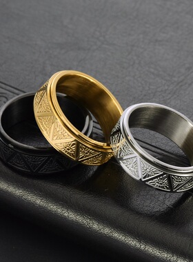 欧美嘻哈男潮荷鲁斯之眼男式可旋转食指环钛钢上帝三角之眼尾戒指