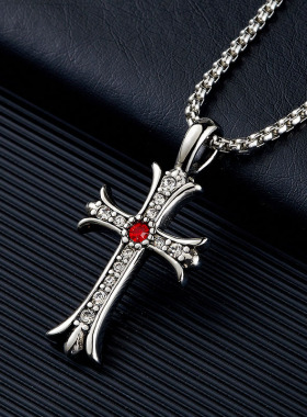 嘻哈镶钻十字架项链男个性文艺潮流钛钢吊坠韩版百搭毛衣链hiphop