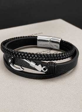 欧美饰品亚马逊货源个性皮手镯男士钛钢街头小众设计鱼钩皮革手链