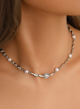 Women Necklace Choker简约冷淡甜酷仿珍珠锆石项链高级气质项链
