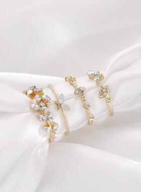 4pcs Ring Set镶嵌钻蝴蝶4件套装戒指开口枝叶气质叠戴关节戒指环