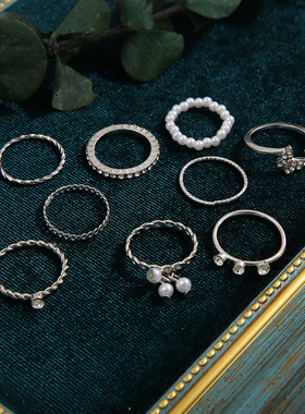 9pcs Women Ring Finger Jewelry Gift蝴蝶点钻仿珍珠戒指女9件套