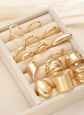 14pcs Finger Rings时尚不规则光面弧形戒指设计水滴女手饰14件套