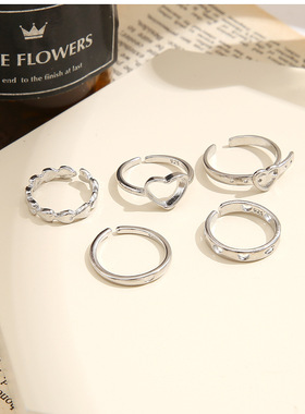 Finger Ring创意简约复古开口爱心戒指5件套镂空爱心小众食指戒