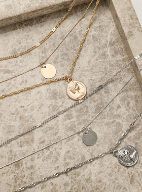 合金多层创意简约圆片吊坠项链复古印章锁骨链Choker Necklaces