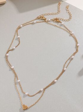 Choker Necklace双层项链创意简约项饰铜质桃心仿珍珠多层锁骨链