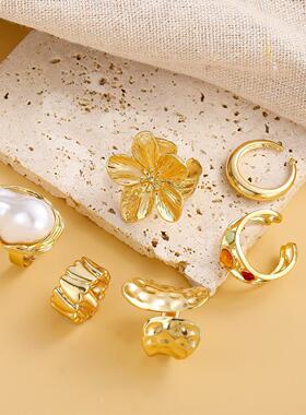 Finger Ring欧美花朵开口戒指高级感镶嵌水钻珍珠关节戒指6件套装
