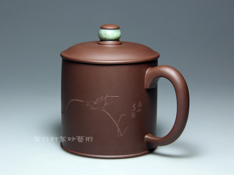 宜兴紫砂杯茶具名家纯全手工刻绘水杯茶杯子纯原矿紫泥金镶玉盖杯