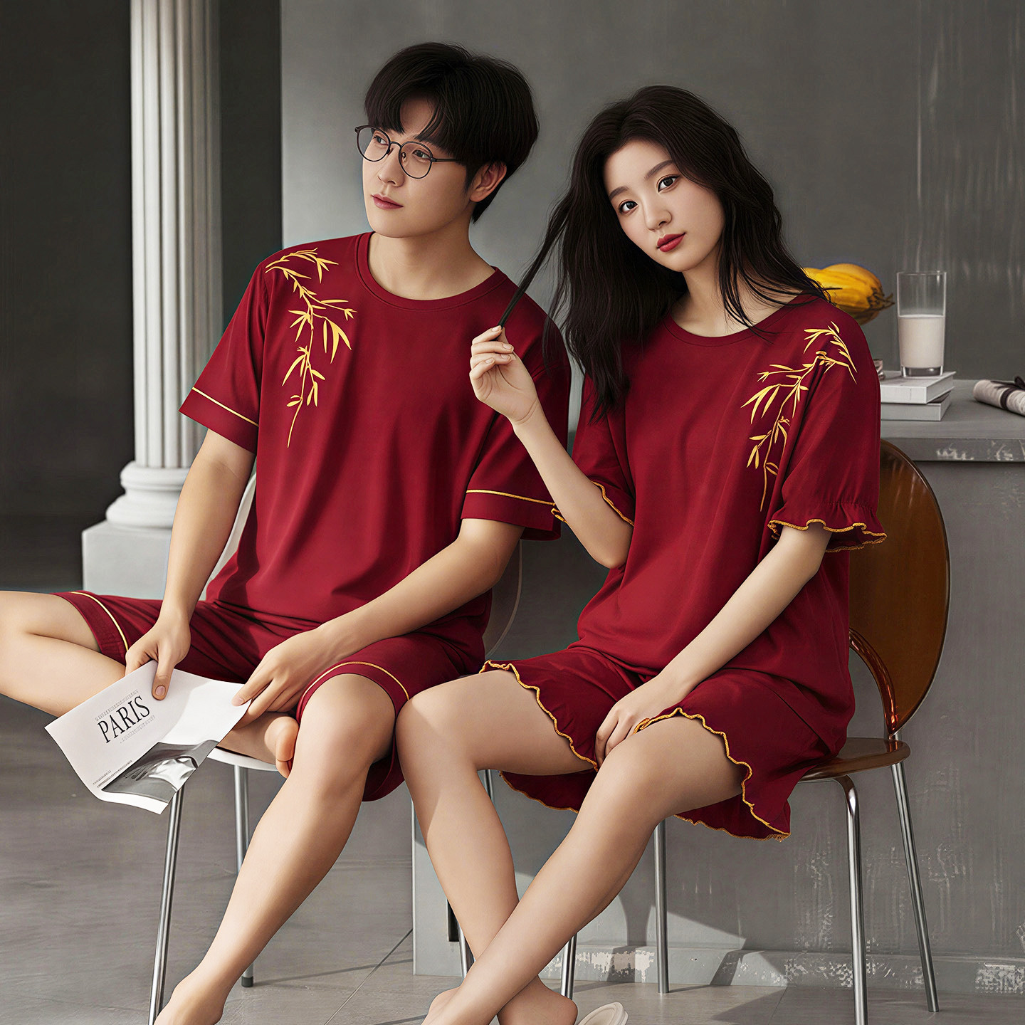 情侣红色纯棉睡衣夏季男女短袖短裤本命年结婚家居服带胸垫套装,淘宝优惠券,粉丝福利购,淘宝优惠卷