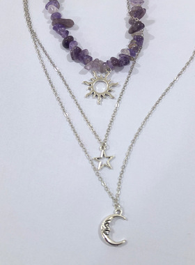 时尚新款月亮吊坠项链石头叠戴太阳花项饰高级感简约珠宝饰品女