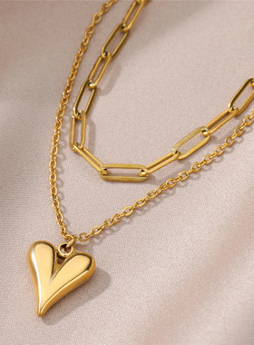 INS风轻奢双层链爱心吊坠女跨境热销个性多层时尚复古桃心项链女