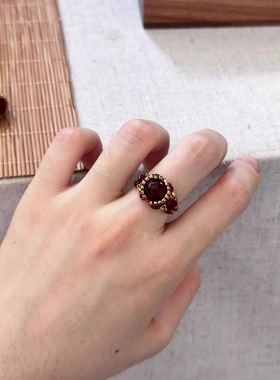 酒红串珠戒指镶嵌个性法式复古简约锆石时尚高级感轻奢指环女