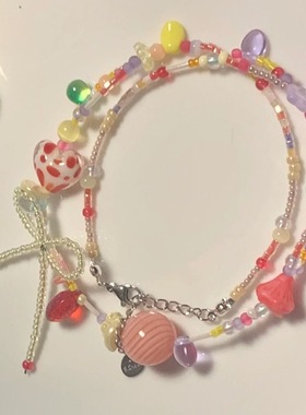 夏日多巴胺蝴蝶结项链ins小众设计感锁骨链甜美爱心彩色串珠颈链