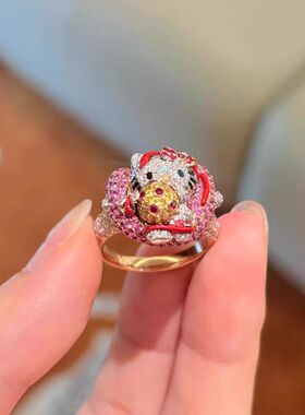 哈喽kt猫满钻戒指女简约小众轻奢气质甜美可爱少女心卡通时尚指环