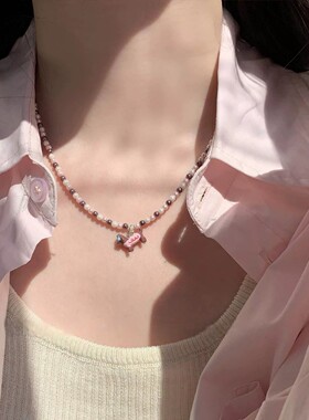 「可爱加倍」粉色腊肠小狗珍珠项链爱心少女感高颜值百搭耳环