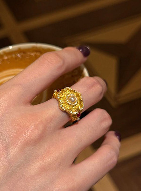 小红书爆款繁花似锦小金花珍珠戒指古法新中式转运纳福莲花指环