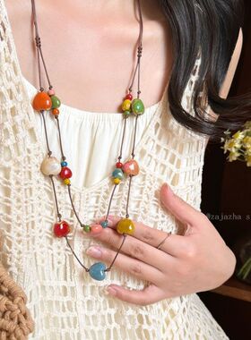 彩虹糖果~陶瓷爱心锁骨链女夏天多巴胺双层叠戴项链日常百搭配饰