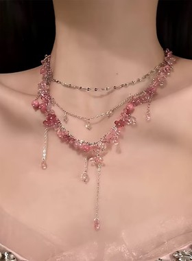 超仙氛围感粉绿串珠项链多层叠戴choker颈链女甜美小众高级锁骨