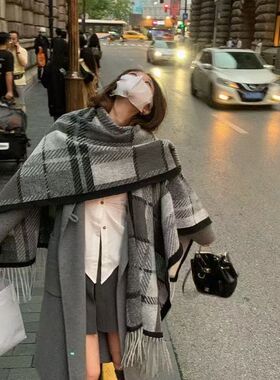 网红披肩格子外套女斗篷春秋季