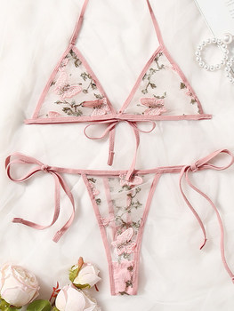 ນ້ຳຫອມອ່ອນໆ ຫຼູຫຼາຂະໜາດນ້ອຍ sexy lingerie women's summer bikini halterneck three-point bra thong suit lace-up large size