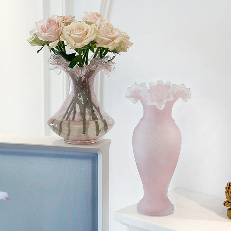 HoneyMee中古芬顿粉色玻璃花瓶法式高颜值装饰摆件客厅软装插花器