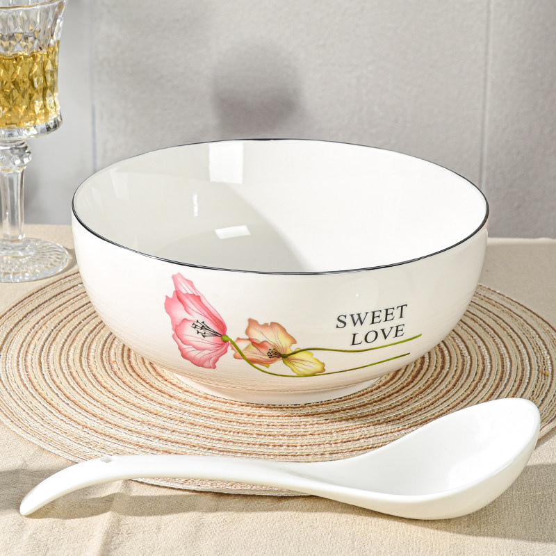 花朵图案家用饭碗汤碗餐具大号菜碗汤碗盛汤专用碗瓷质厚实耐高温,淘宝优惠券,粉丝福利购,淘宝优惠卷